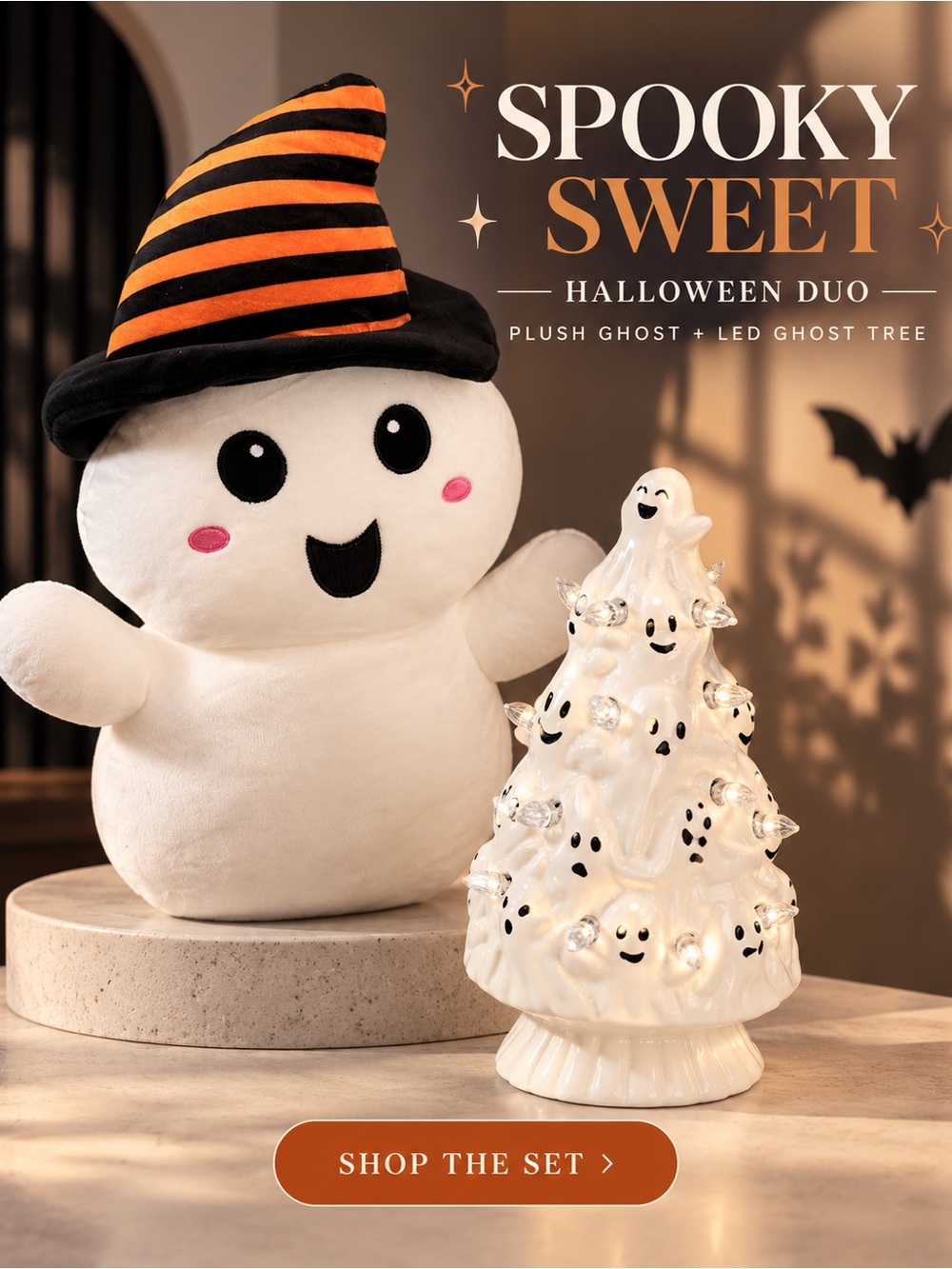 Spooky Sweet Halloween Plush Ghost with LED Ghost Tree - White & Orange